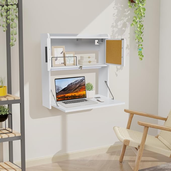 ARTETHYS Wall Mounted Desk Folding with Light Drop Down Hanging Desk | Multifunctional Fold Down Laptop Computer Table, Writing Workstation with Storage Compartments, Space Saving for Home Office