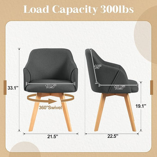 Swivel Dining Chairs Set of 6, Mid Century Modern Dining Chairs with Arms, Linen Fabric Upholstered Kitchen Dining Room Chairs with Solid Wood Legs for Living Room Grey