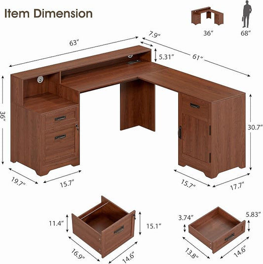 Whalefall 63'' Farmhouse L Shaped Desk with Monitor Stand Shelves, Brown | Corner Computer Desk with Drawers, Executive Home Office L Desk with File Cabinet Storage and Charging Station