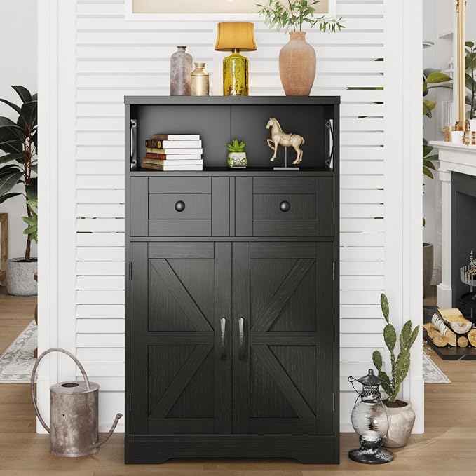 Befrases Black Storage Cabinet with Drawers and Shelves, Freestanding Black Kitchen Pantry, Floor Storage Cabinet Hutch Cupboard for Dining, Living Room, Home Office