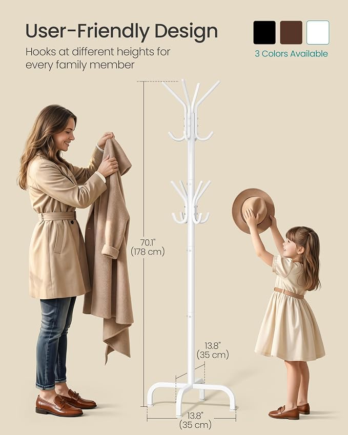 SONGMICS Coat Rack Freestanding with 16 Hooks, Metal Coat Tree Stand with 4 Adjustable Feet, Clothes Hanger Stand for Entryway Bedroom Living Room Hallway Office, Cloud White URCR083WC01S