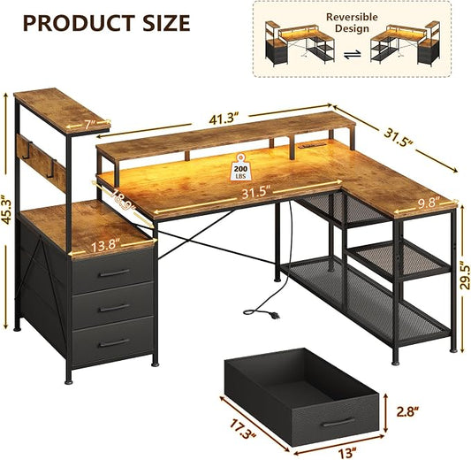 YOMILUVE L Shaped Gaming Desk with Drawers & Storage Shelves, Corner Gaming Desk with Power Outlets & LED Light, Reversible Computer Desk with Monitor Stand & Hooks, Rustic Brown