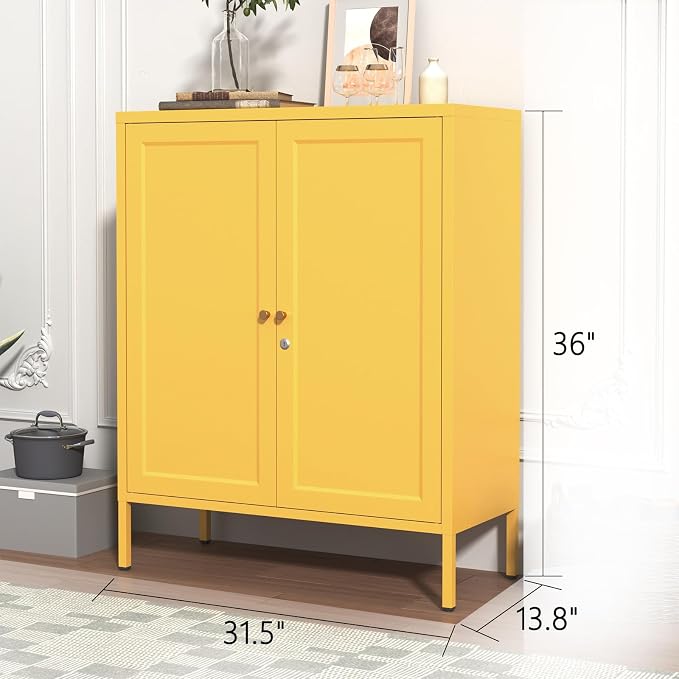 Lockable Metal Storage Cabinet Double Door Metal Cabinet Home Decor Cabinet with Adjustable Shelves Coffee Bar Cabinet Suitable for Living Room and Dining room Yellow : 13.8"D x 31.5"W x 36"H