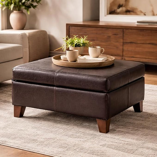 HomePop 28" Faux Leather Square Storage Ottoman - Distressed Brown
