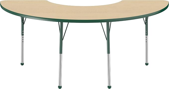 FDP Half Moon Activity School and Office Table (36 x 72 inch), Standard Legs with Ball Glides for Collaborative Seating Environments, Adjustable Height 19-30 inches - Maple Top and Green Edge