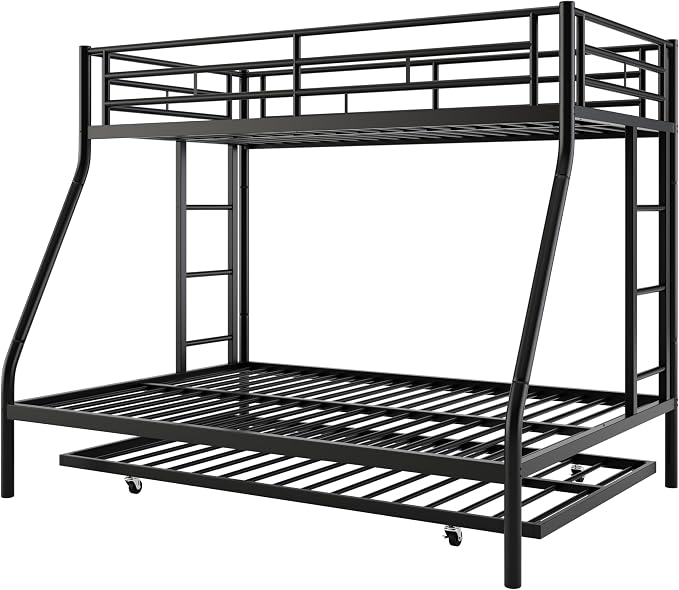 Nuturelly Metal Bunk Bed Twin Over Full with Trundle, Heavy Duty Steel Frame Bunk Bed Frame with Safety Guardrails & Ladder, Space Saving 3 Beds for Kids, Teens, Dorm, Black