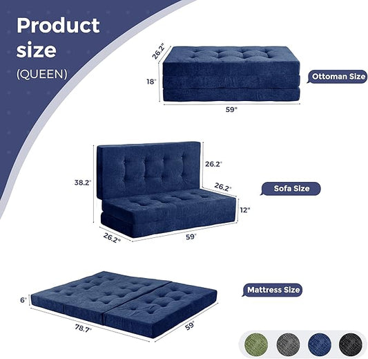 MAXYOYO 6" Folding Sofa Bed for Floor, Tufted Tri-Fold Floor Mattress with Chenille Fabric, Queen Size Portable Sofa Couch Guest Mat for Adults, Foldable Topper for Camping, Navy, 59"x78.7"