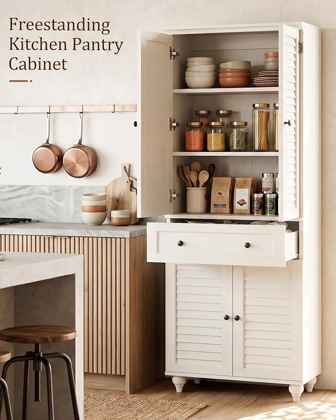 80" Tall Storage Cabinet with Louvered Doors and Adjustable Shelves, Farmhouse Kitchen Pantry Cabinet, Freestanding Storage for Dining Room, Living Room, Home Office, Bathroom, Rustic White