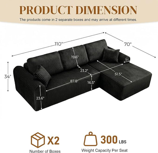 110" L Shaped Boneless Sectional Couches for Living Room, Comfy Corduroy Floor Cloud Sofa with Chaise, Wide Armrest, Deep Seat, Memory Foam, Assembly Free, Ideal for Small Spaces, Black