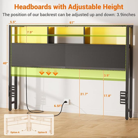 Aheaplus Headboard for Queen Size Bed with Storage, Headboards with Outlets, USB Ports and LED Light, Queen Size Head Board Only, Height Adjustable, Reversible, Sturdy and Stable Headboard, Black