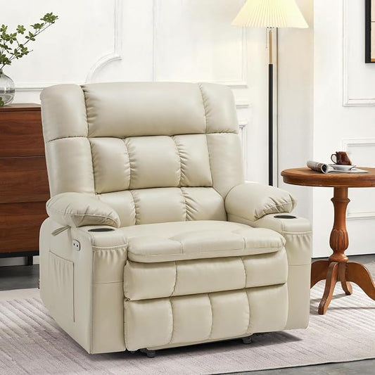 MCombo Small Dual Motor Power Lift Recliner Chair for Elderly, Zero Gravity Lift Chair with Heat and Massage, Lay Flat Recliner for Petite, USB Ports, Faux Leather R7894 (Cream White, Small-Wide)