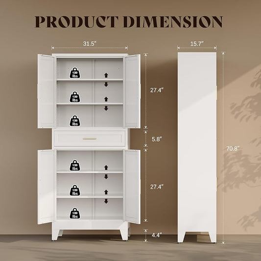 71“H Metal Kitchen Pantry Cabinet with Drawers,White Kitchen Pantry Cabinets,Tall Food Storage Cabinets,Free Standing Pantry Cabinet with 4 Doors,Farmhouse Pantry Cabinets