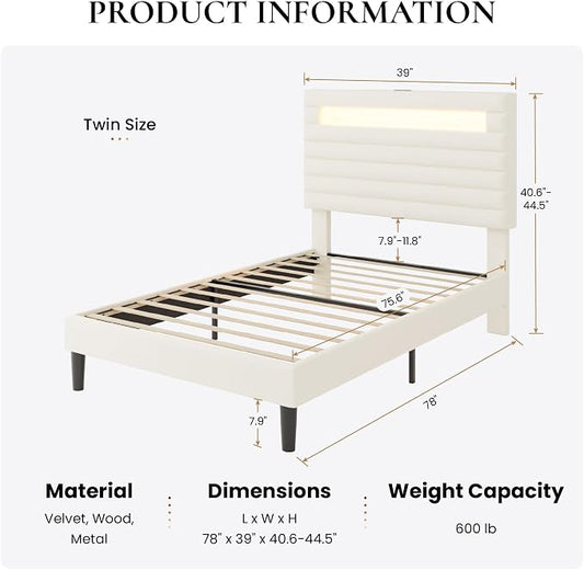 SHA CERLIN Twin Bed Frame with LED Light & 2-Tier Storage Shelf, Velvet Upholstered Adjustable Headboard with Charing Station, Horizontal Channel Tufted, No Box Spring Needed, Easy Assembly, Cream