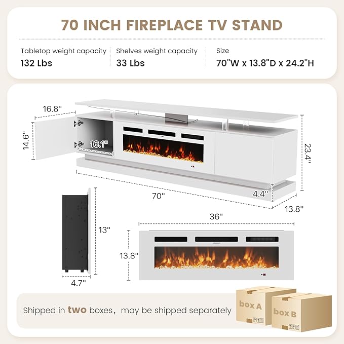 70" Fireplace TV Stand, Modern Entertainment Center for TVs Up to 80”, TV Console with Storage Cabinets, Media Console for Living Room, White TV Stand and White Fireplace