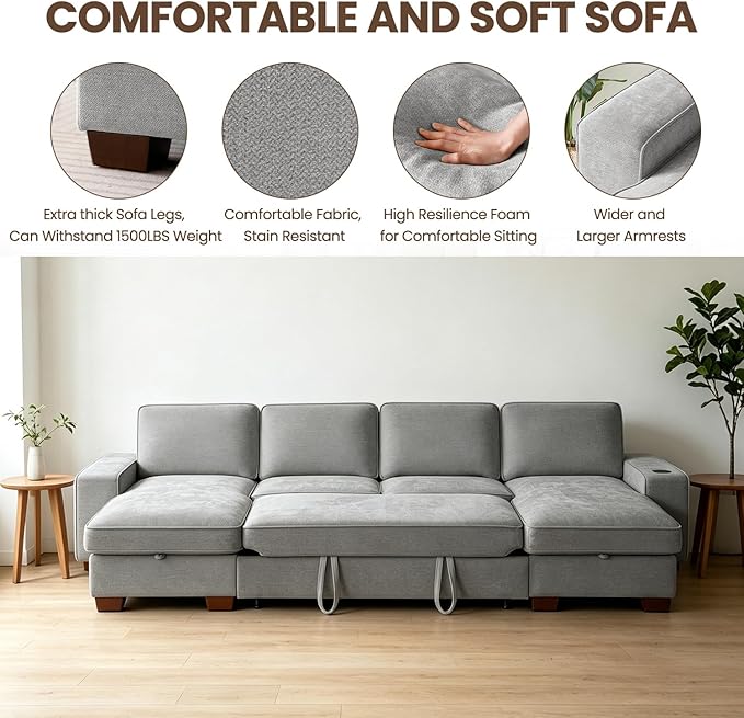 129" Convertible Sleeper Sofa Bed,L Shaped with Storage Chaise Pull Out Couch for Living Room,USB and Type-C,Removable Washable Chenille Covers (Gray)