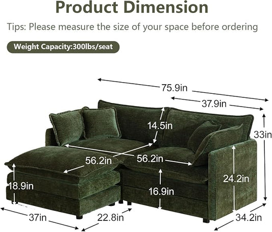 GNIXUU 76.7" Green L Shaped Cloud Couch, Modern Chenille Modular 2 Seater Loveseat Sofa with Movable Ottoman, Deep Seat Sectional Couch with Pillows for Small Place, Living Room Apartment Office