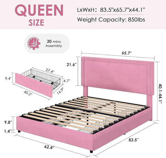 VECELO Queen Size Upholstered Bed Frame with 4 Storage Drawers, Adjustable Velvet Rivet Decor Headboard, Wooden Slats Platform Support, No Box Spring Needed, Easy Assembly,Pink