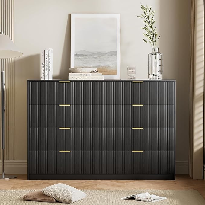 Furniway Black Dresser for Bedroom, Modern Dresser with 8 Drawers and Smooth Slides, Wide Chest of Drawers with Golden Handles for Bedroom, Closet, 15.7" D x 55" W x 37.4" H
