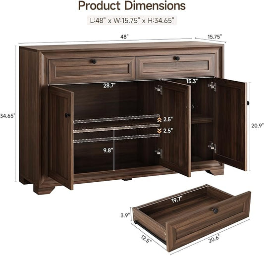 ONBRILL 48 Inches Sideboard Buffet Cabinet with Storage, Farmhouse Sideboard with 2 Drawers and 3 Doors, Wood Coffee Bar Cabinet with Adjustable Shelves for Living Room, Kitchen, Hallway, Brown