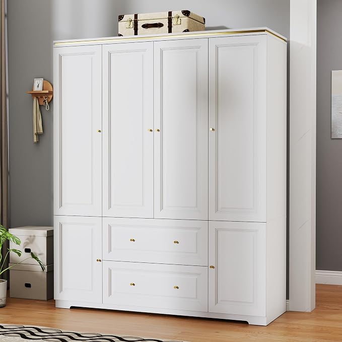 Armoire Wardrobe Closet with Drawers: 74" White Wardrobe with 2 Drawers, 4 Doors Bedroom Armoires with Hanging Rod, Tall Closet Cabinet for Hanging Clothes (59")