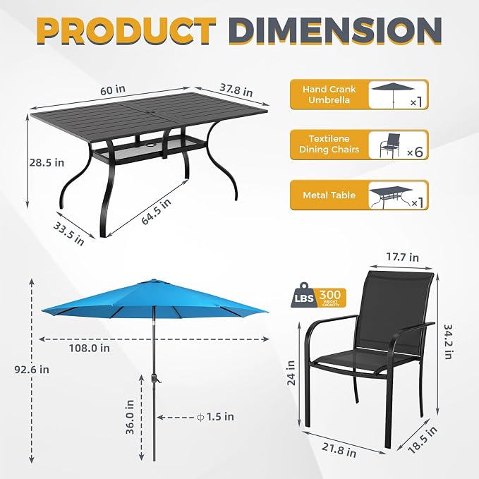 SUNCROWN 8 - Piece Outdoor Dining Set, Patio Furniture Set with 6 Textilene Dinning Chairs, 1 Rectangle Metal Table and 1 Sky Blue 9Ft Patio Umbrella for Lawn Garden Backyard Deck, Black