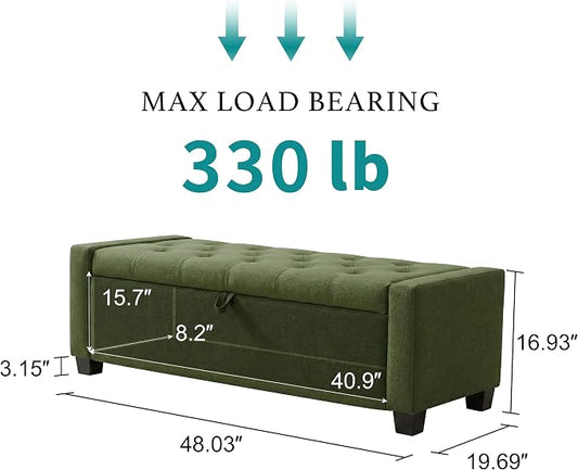 Huatean Home 48" Ottoman with Storage, Storage Ottoman Bench with Safety Hinge, Upholstered Entryway Bench with Seating for Bedroom, Living Room, Holds up to 330 lb, Green