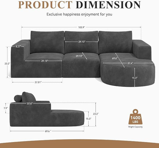 L-Shaped Boneless Couch,104" Couches for Living Room with Curved Chaise,Modular Sectional Sofa with Deep Seat,Modern Cozy Cloud Compression Sofas,No Assembly Required(Gray) 1PCS