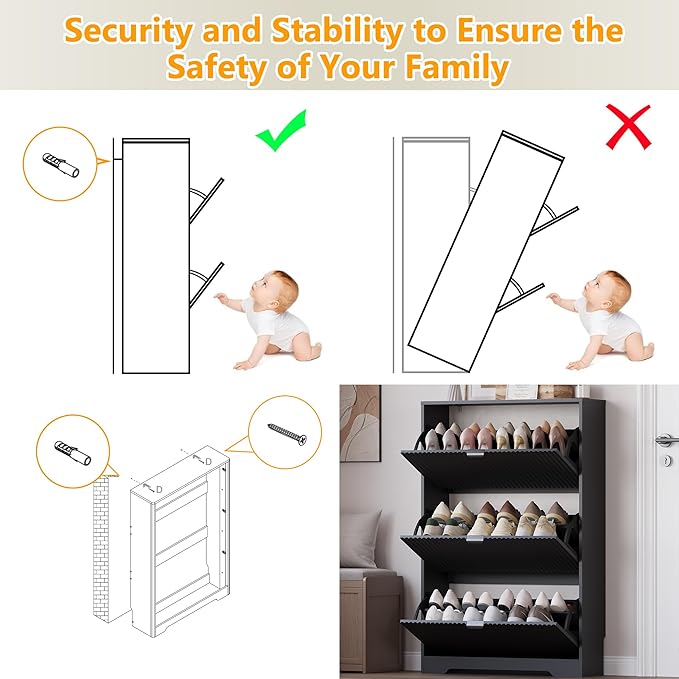 BORNOON Entryway Shoe Cabinet with 3 Flip Drawers, Narrow Shoe Organizer Cabinet with Fluted Panel and Adjustable Shelves for Foyer, Hallway