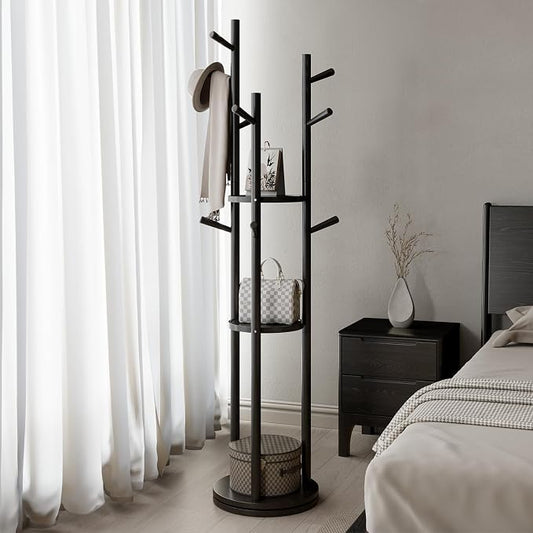 Muwuele Solid Wood Rotary Coat Rack, Freestanding Coat Rack with 3 Shelves and 9 Hooks, Coat tree for Bedroom, Entryway, Livingroom, Coat Hanger Stand for Coats, Scarves, Handbags (Black)