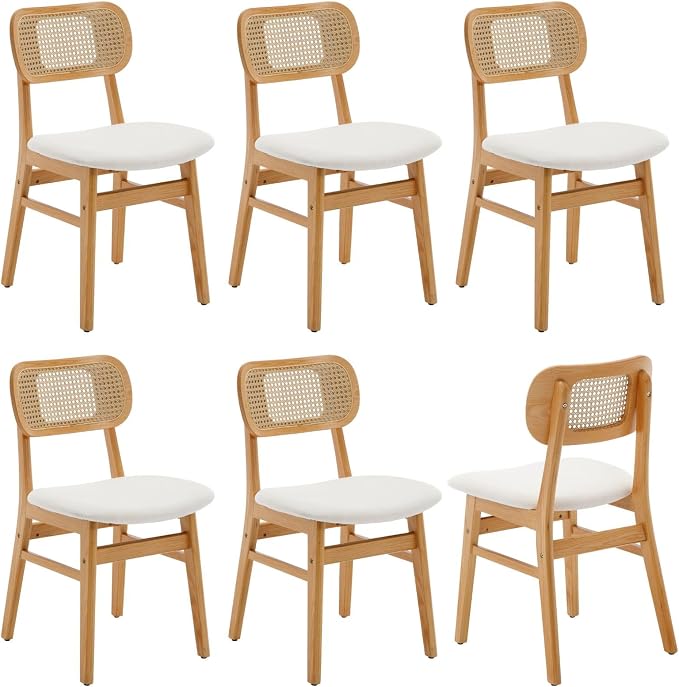 ROCITY Rattan Dining Chairs Set of 6 Beige Linen Fabric Dining Room Chairs Natural Wooden Kitchen Chairs Farmhouse Boho