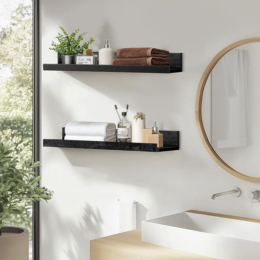 Muzilife 24" Small Floating Wall Ledge Shelves with Lip - Set of 2 Wood Floating Shelves - Black Wall Mounted Picture Ledge for Office, Bathroom, Bedroom, Living Room, Kitchen