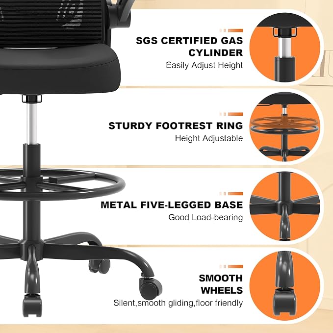 Synorla Ergonomic Drafting Chair, Tall Office Chair with Flip-up Armrests, Breathable Mesh High Desk Chair with Lumbar Support Adjustable Footrest Ring for Standing Desk Black