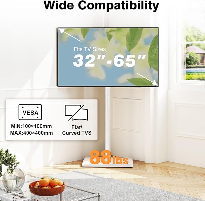 TVON Floor TV Stand with Mount for Most 32-65 Inch TVs up to 88lbs, Height Adjustable TV Floor Stand with Wood Base for Space Saving, Tall Floor TV Stand for Bedroom, Corner & Living Room, White