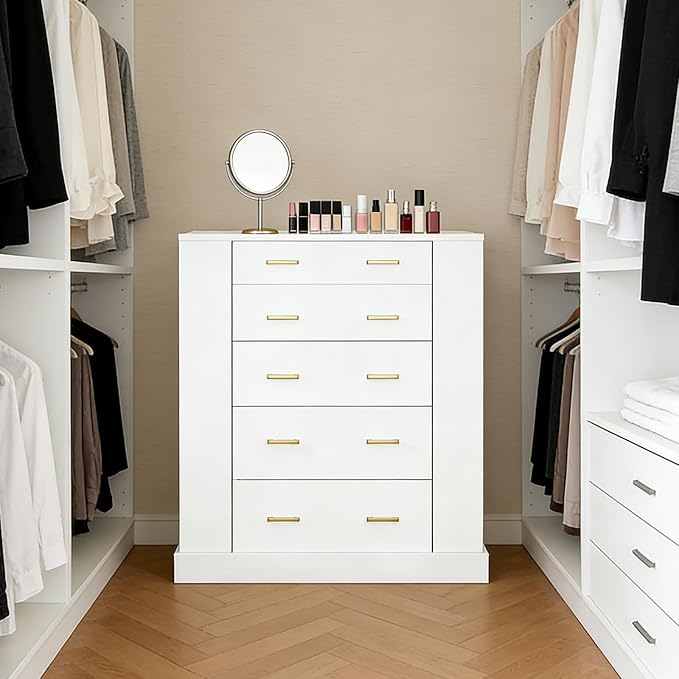 Closet Island with Glass Top, LED Lights and Jewelry Display, Bedroom Island with Open Shelves, Drawers Dresser & Walk-in Closet Island for Bedroom, Cloakroom, White 2