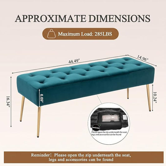 DUHOME Modern Velvet Bench Ottoman, Upholstered Bedroom Benches Footrest Stool Button-Tufted Table Bench Dining Bench with Gold Metal Base for Entryway Dining Room Living Room Bedroom, Atrovirens