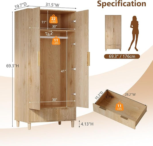 VINGLI Fluted Wardrobe Closet Armoire with Doors And Drawers, Wardrobe Cabinet with Hanging Rack, Bedroom Closet Wood, Oak Free Standing Armoire with Shelf and Solid Wood Legs, 31.5"W*19.7"D*69.3"H
