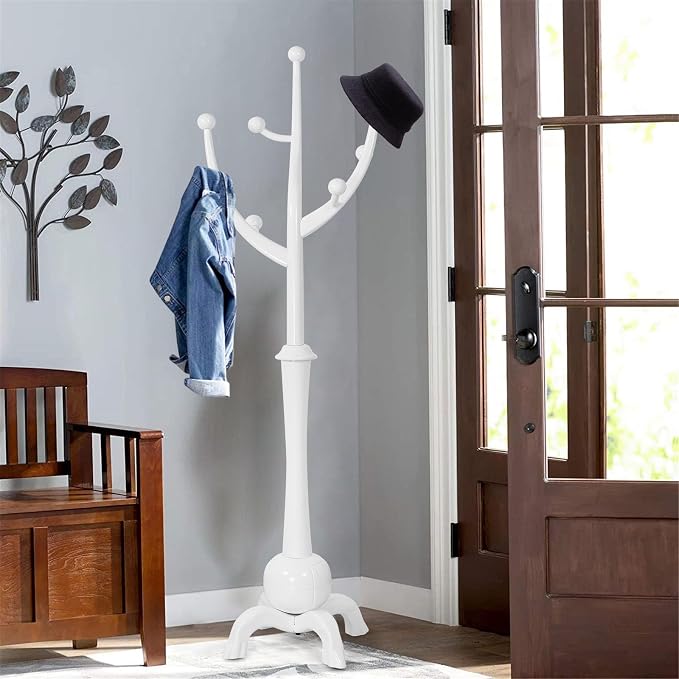 Bekrvio Freestanding Wood Coat Rack with Stable Sphere Base, White | 8 Hooks Tree Branch Design, Heavy Duty Standing Coat Hanger for Entryway, Hallway, Bedroom, Foyer; Hangs Coats, Hats, Bags