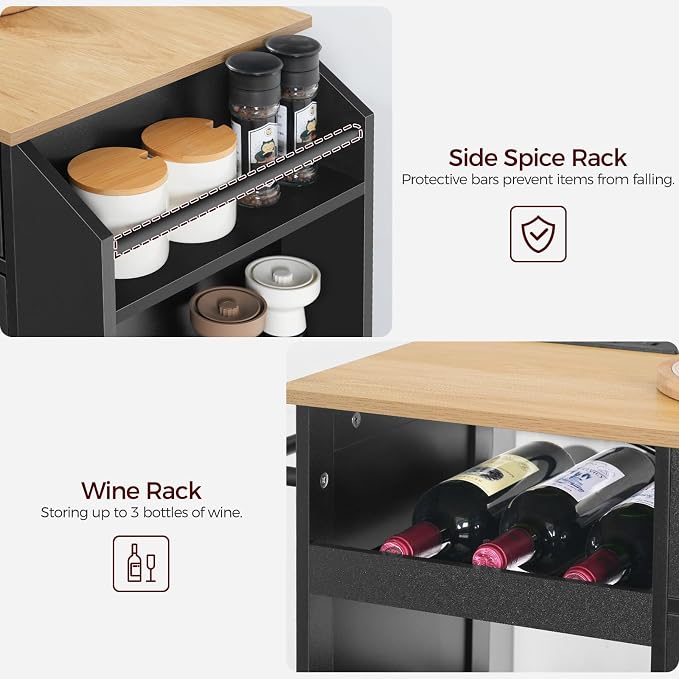 MAHANCRIS Kitchen Island with Power Outlet, Kitchen Storage Island with Drawer, Rolling Kitchen Cart on Wheels, Spice Rack, Towel Rack, Wine Rack, for Dining Room, Black and Natural KIHN122E01