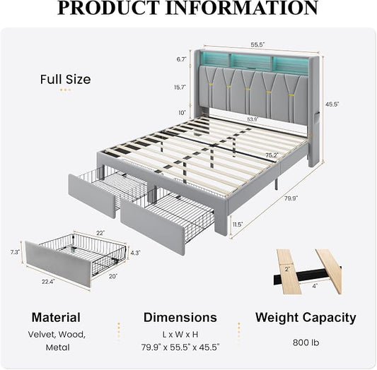 SHA CERLIN Full Velvet Platform Bed Frame with 2 Storage Drawers, LED Storage Headboard with Charging Station, Upholstered Wingback Headboard, Noise-Free, No Box Spring Needed, Easy Assembly, Grey