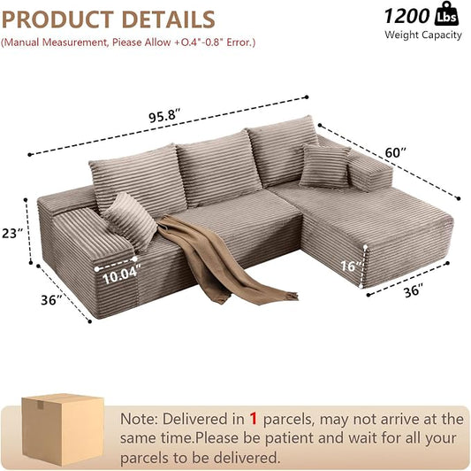 96" Modular Sectional Sofa, Modern Corduroy Cloud Couch with Deep Seat, Boneless Couch Upholstered 3-Seater L-Shaped Sofa for Living Room, No Assembly Required (Camel, Right-Facing Chaise)
