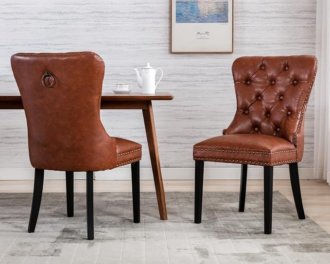 CIMOTA Brown Leather Dining Chairs Set of 4 Mid Century Modern Dining Room Chairs Tufted Upholstered Kitchen Dining Chairs Comfortable Side Chairs with Nailhead Trim/Ring Back (PU /4PCS)