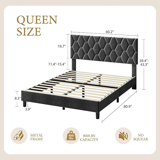 GarveeHome Queen Bed Frame with Upholstered Headboard, Heavy-Duty Platform Bed Frame with Strong Wood Slats, No Box Spring Needed/Noise Free/Easy Assembly, Gray