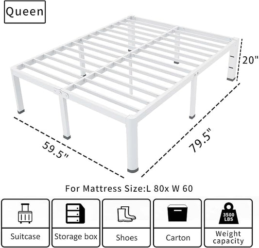 ROIL 20 Inch White Queen Bed Frame with Rounded Corner and Headboard Hole Mattress Retainers, 3500LBS Heavy Duty Steel Slats No Box Spring Needed Platform Noise-Free Easy Assembly