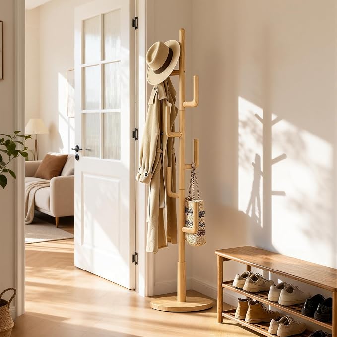 Coat Rack,Solid Wood Cactus Freestanding Coat RackWith 6 L-Shaped Hooks and 3 Adjustable Sizes,Coat Tree for Bedroom, Entryway, Livingroom, Coat Hanger Stand for Coats, Handbags (Natural)