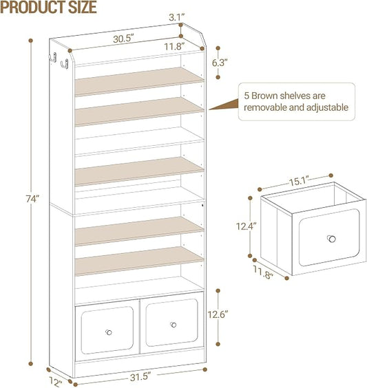 Hzuaneri Shoe Storage Cabinet, 10 Tiers Shoe Cabinet with 2 Cloth Drawers, Wooden Freestanding Shoes Organizer with 2 Hooks, 40-45 Pairs, Shoes Cubby Organizer for Entryway, White SR52903MI