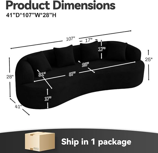 107" Curved Sofa for Living Room, Modern Chenille Cloud Couch Sofa, Luxury Plush Extra Deep 4-Seater Oversized Boucle Couch for Small Spaces, Apartment, No Assembly Required, Black