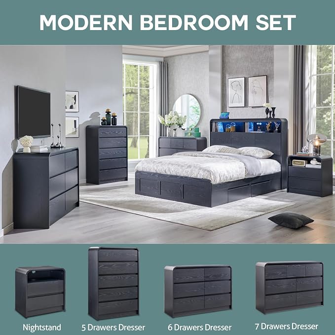 Aitjunz Modern 7 Drawers Dresser for Bedroom, 47" Wide Wood Dressers & Chests of Drawers w/Curved Profile Design, Mid Century Modern Dresser w/Natural Texture for Bedroom, Living Room, Black