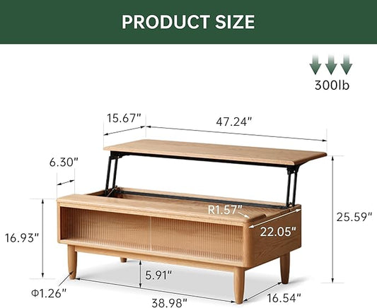 Wood Lift Top Coffee Table, 100% Solid Oak Wood Log Color Coffee Table with Glass Sliding Door, Rectangular Coffee Tables with Storage for Living Room Home Decor(47.24" W)