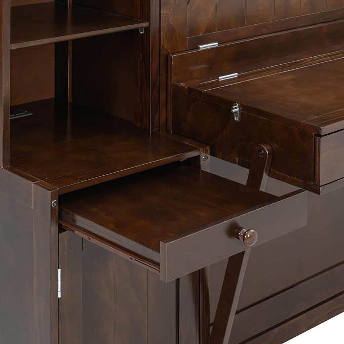 Merax Queen Size Murphy Bed with Desk and LED Lights, Power Outlet, Foldable Murphy Cabinet Bed with Open Storage Shelves & Drawers, Wood Space-Saving Hidden Wall Bed for Guest Room, Dark-Brown