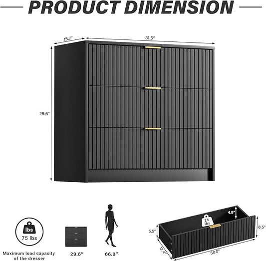 Furniway Black Dresser for Bedroom, Modern Dresser with 3 Drawers and Smooth Slides, Wide Chest of Drawers with Golden Handles for Bedroom, Living Room, Closet, 15.7" D x 31.5" W x 29.6" H